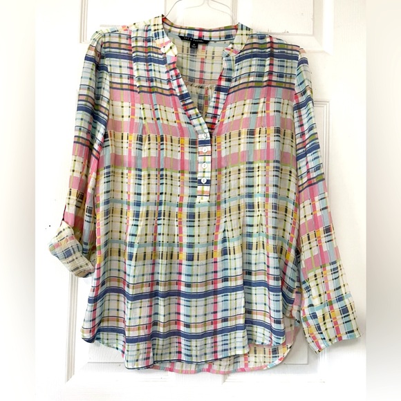 Zac & Rachel Multicolor Plaid ,Women Tunic Roll Tab Sleeve 1/2 Button Front Sz M - Picture 1 of 11